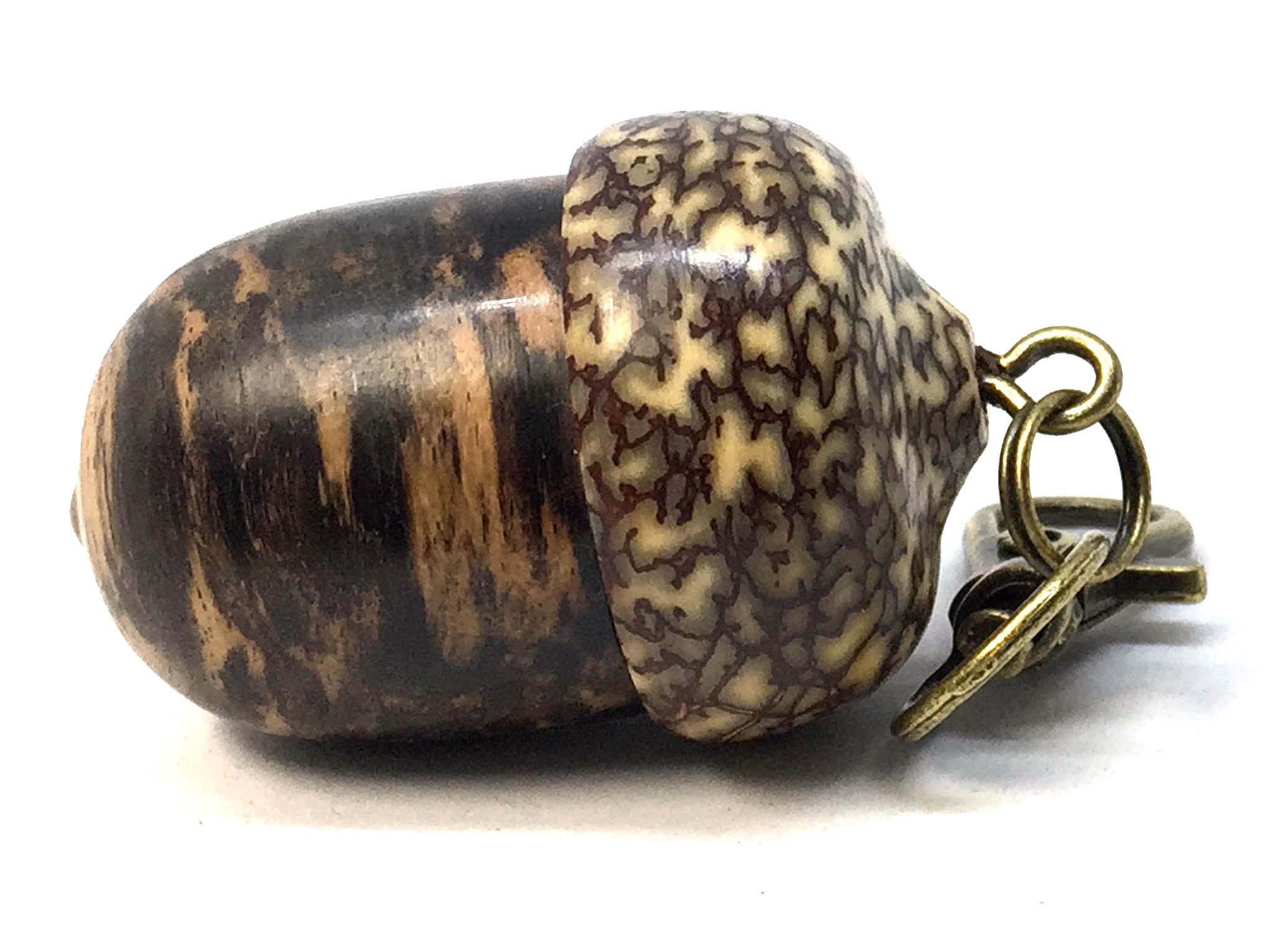 LV-4986 Black & White Ebony & Betelnut Acorn Pendant, Bag Charm, Secret Compartment-SCREW CAP