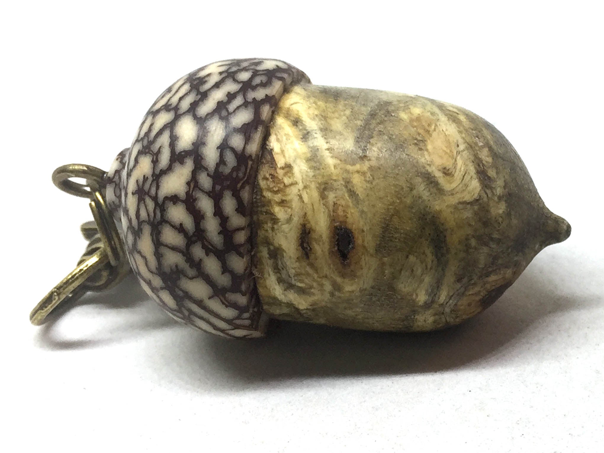 LV-5110 Buckeye Burl & Betelnut Acorn Pill Box, Pendant Box-SCREW CAP