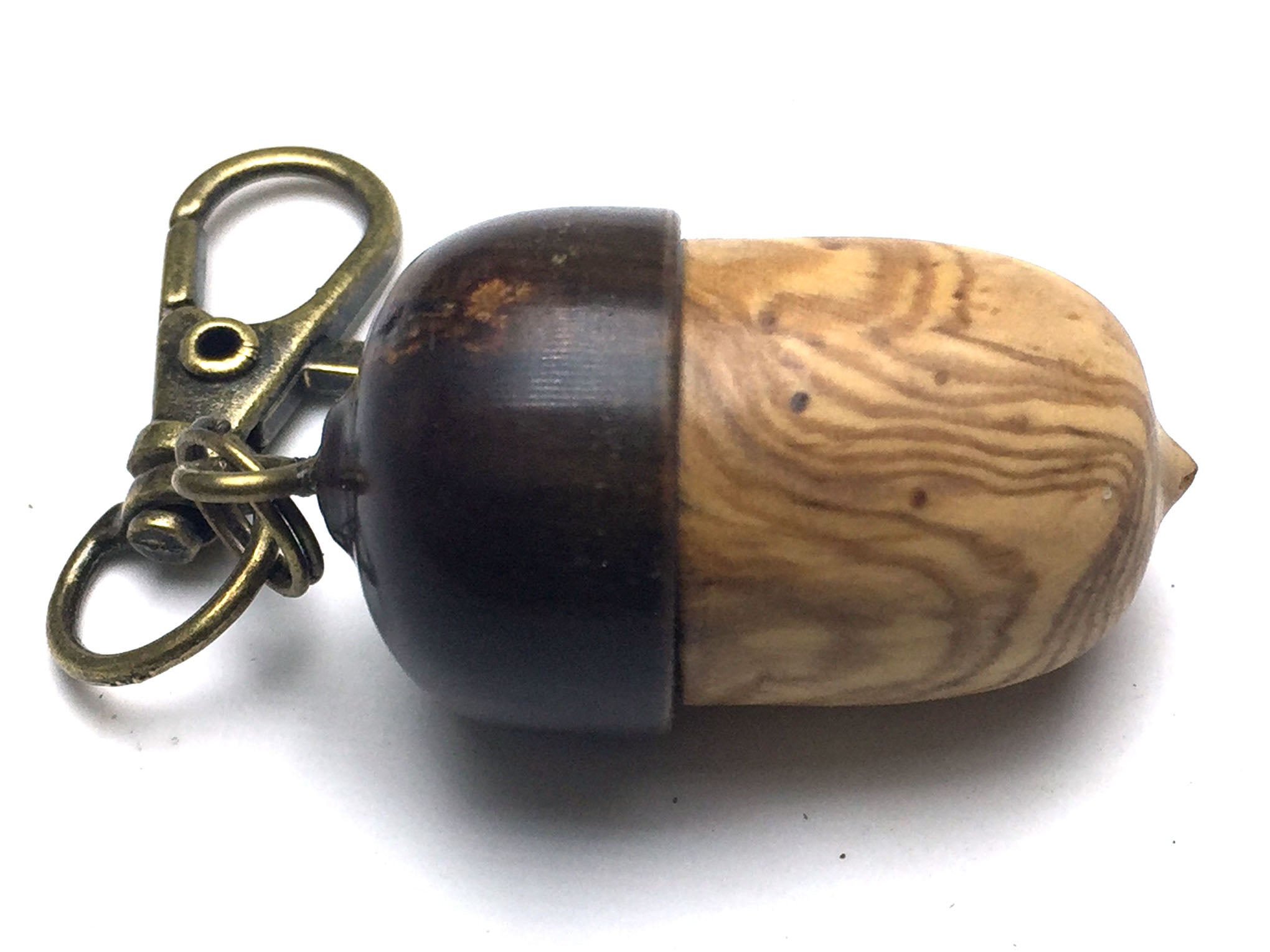 LV-5271 Olive Burl & Lignum Vitae Acorn Box, Pill Holder, Compartment Pendant-SCREW CAP