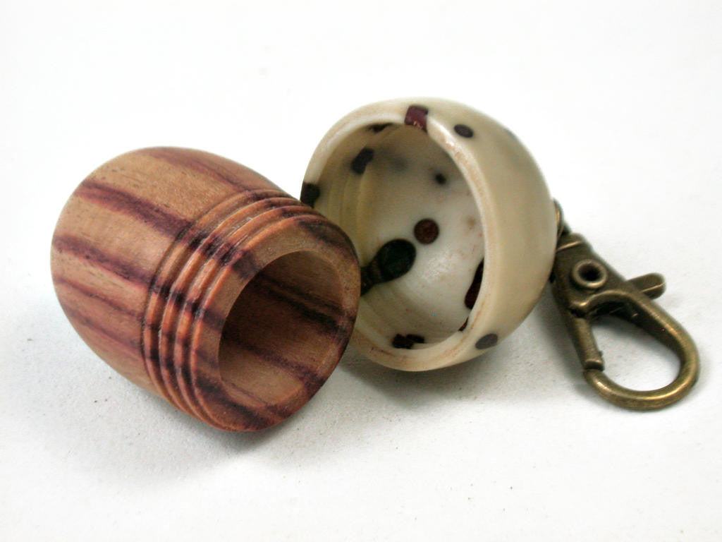 LV-3395  Tulipwood & Raffia Palm  Nut Acorn Pendant Box, Charm, Pill Holder-SCREW CAP