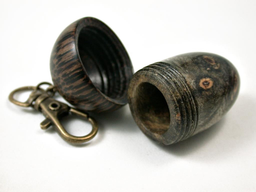 LV-3063 Buckeye Burl & Black Palm Acorn Box, Pill Holder, Compartment Pendant-SCREW CAP