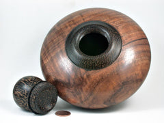 LV-2962 Curly Koa Threaded Vessel, Urn with Black palm Cap and Inlay Accent