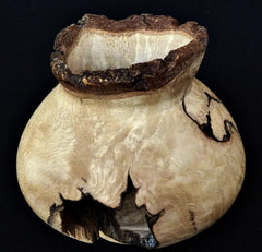 LV-345 CA Black Oak Burl Wood Turned Footed Vase, Hollow Form with Natural Edge
