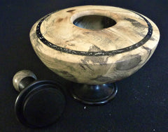 LV-324  Buckeye Burl & Indian Ebony Wood Turned Lidded Vase, Hollow Form, Wood Urn--RARE BEAUTY