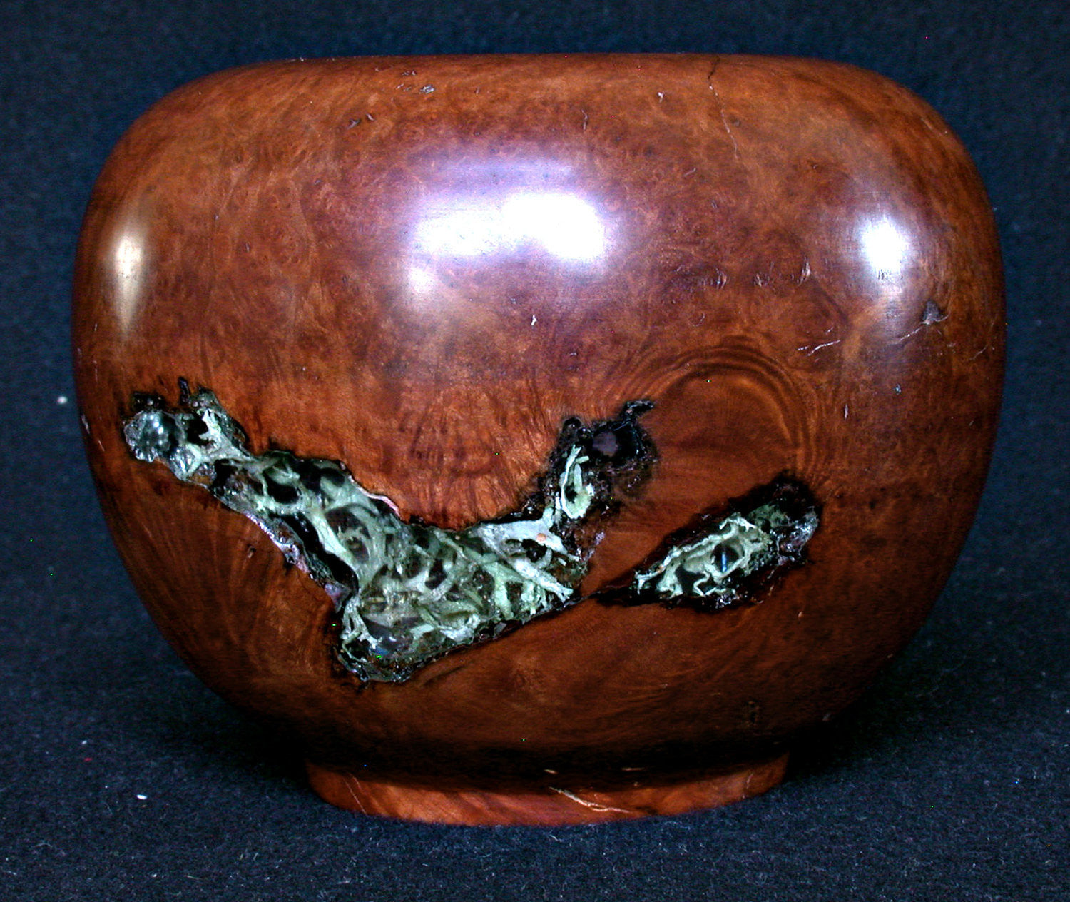 LV-321 Manzanita Burl Wood Turned Vase, Bowl, Hollow Form with Lichen Inlay-NICE
