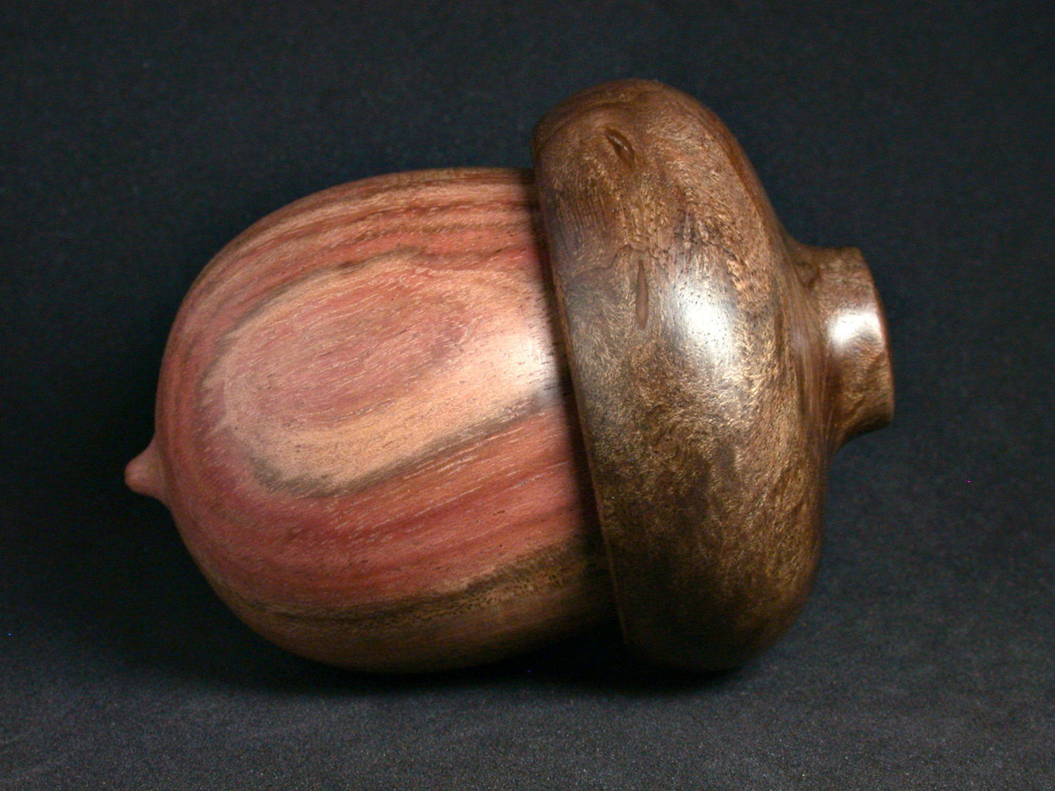 LV-1318 Carob & Walnut Burl Hand Turned Wooden Acorn Trinket Box, Keepsakes, Jewelry Box-SCREW CAP