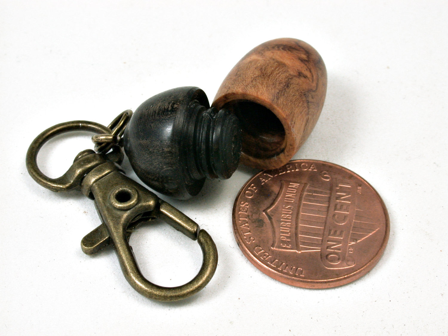 LV-1702 Amboyna Burl & Ebony Acorn Key Fob, Pill Holder, Memorial Pendant-SCREW CAP