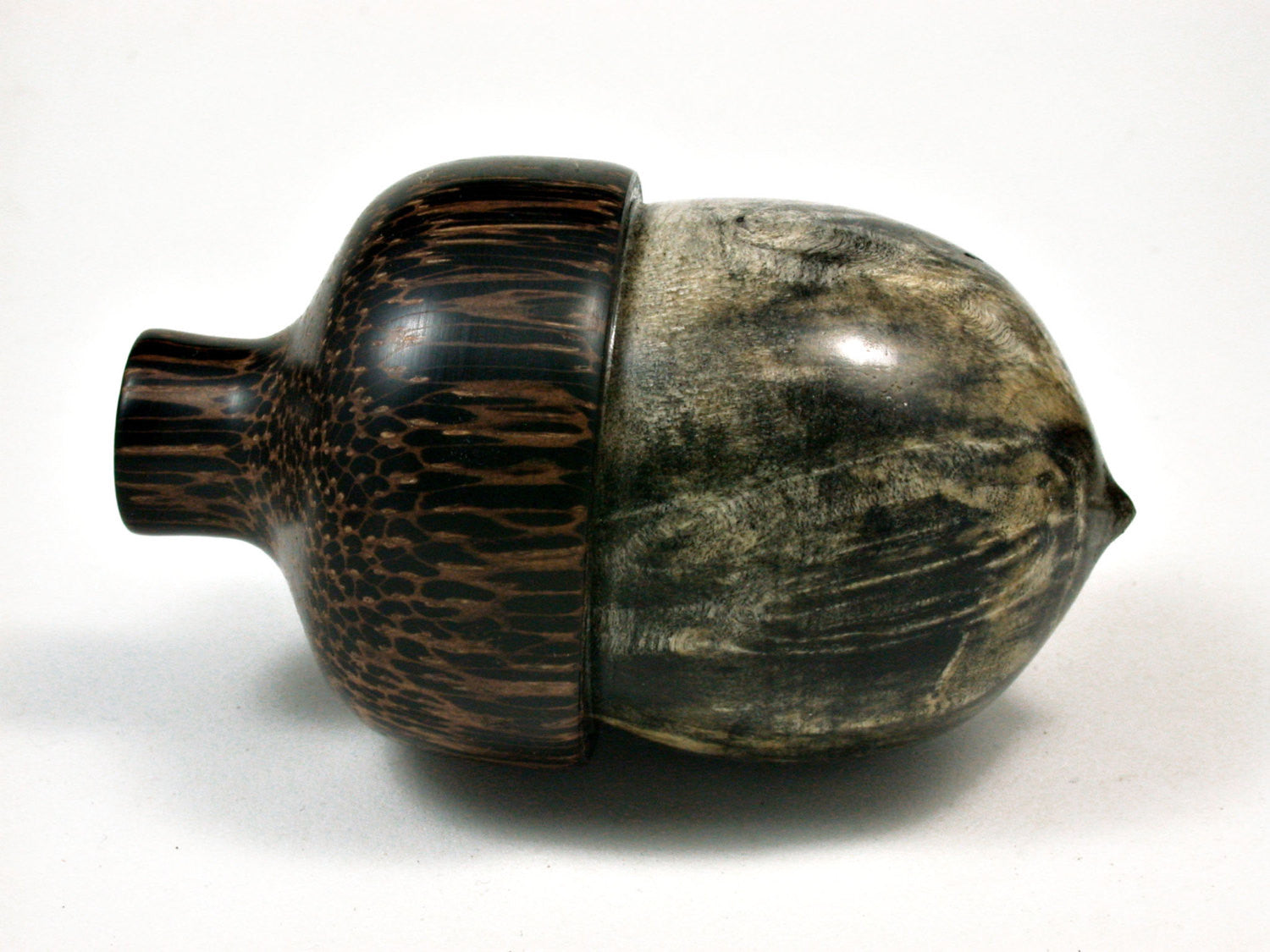 LV-1971 Buckeye Burl & Black Palm Acorn Jewelry Box, Pill Box, Trinket Box-SCREW CAP