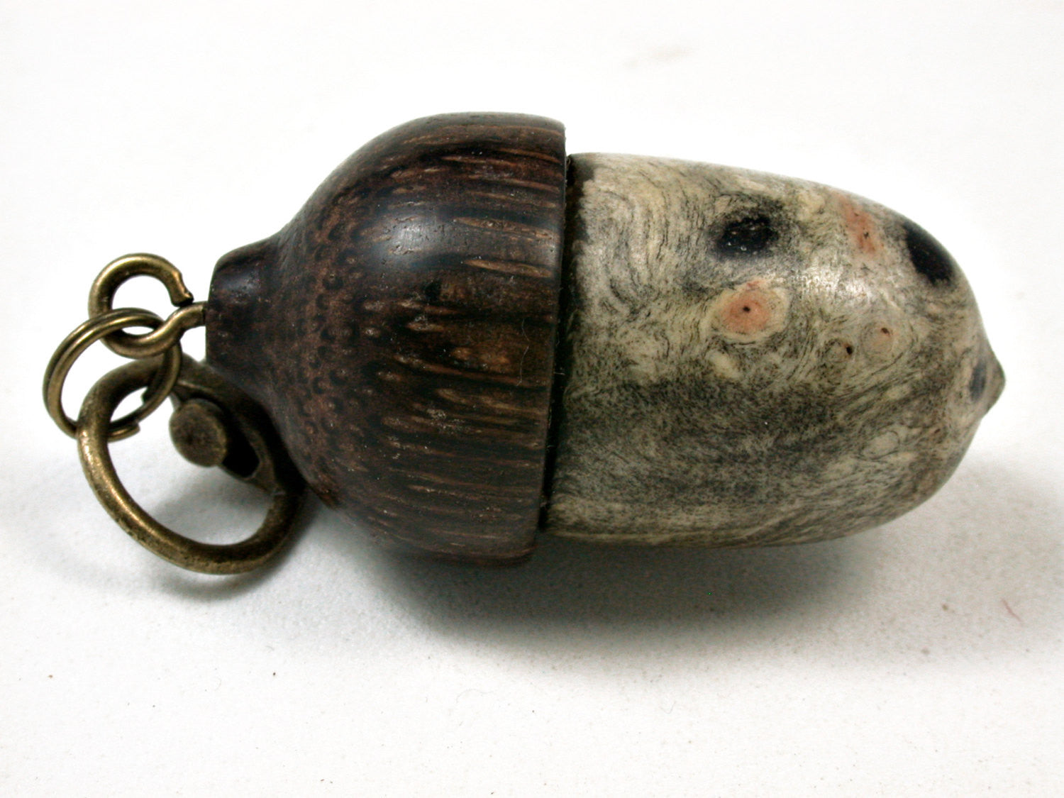 LV-2313 Buckeye Burl & Black Palm Nut Acorn Pendant Box, Charm, Pill Holder-SCREW CAP