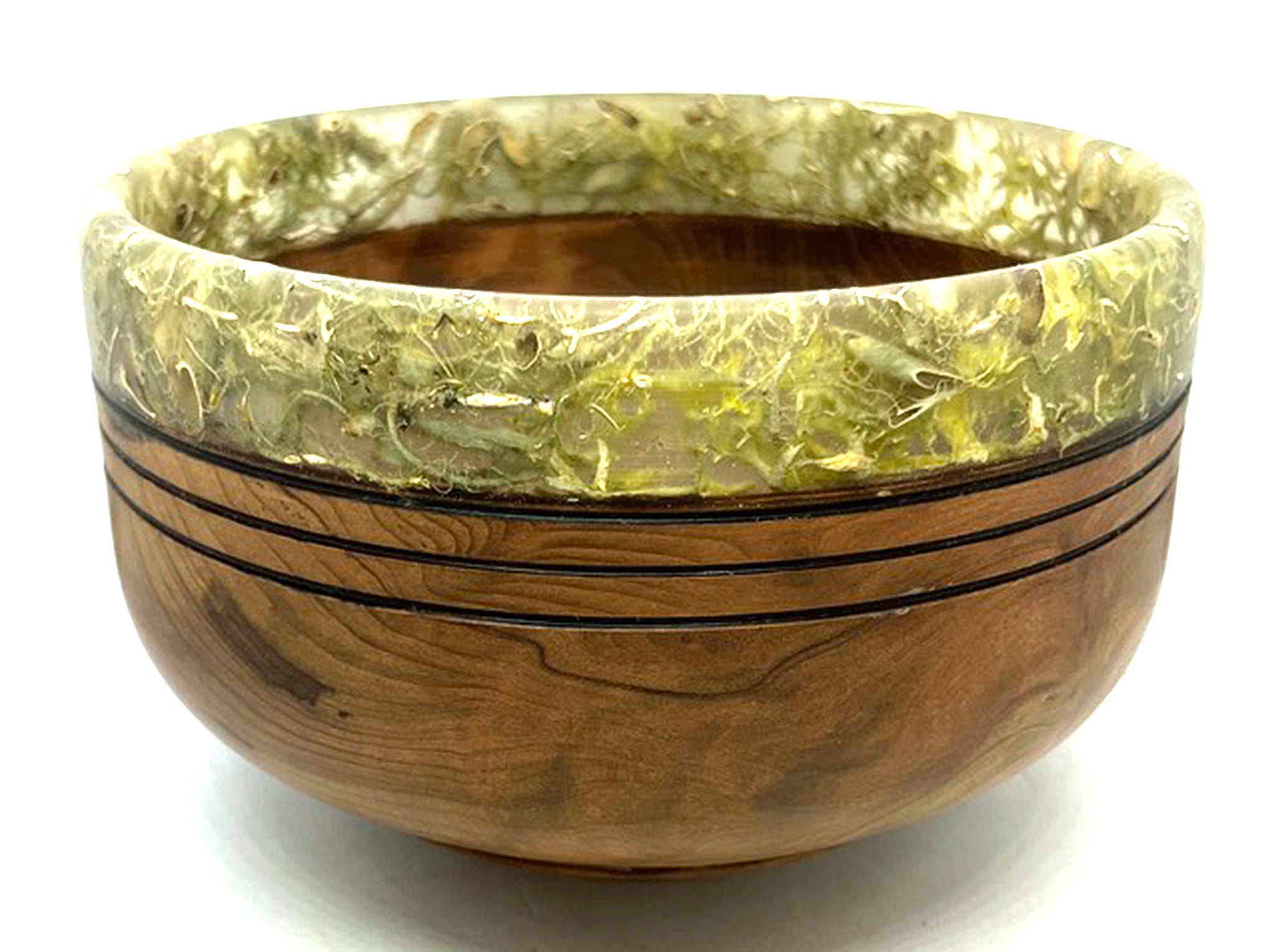 LV-5494  Redwood Burl & Lichen Embedded Rim, Hand Turned Wooden Bowl