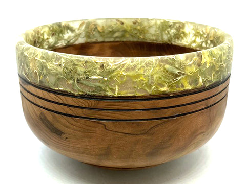 LV-5494  Redwood Burl & Lichen Embedded Rim, Hand Turned Wooden Bowl