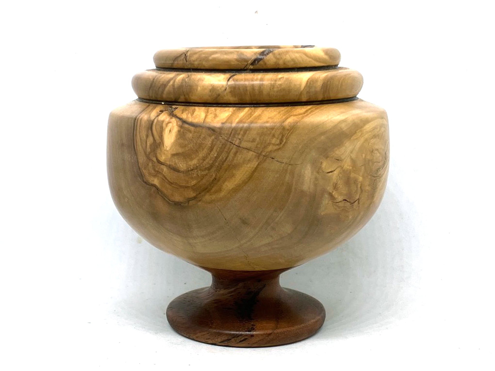 LV-5498  Olive Burl & Hawaiian Koa Wood Turned Pedestal Vessel, Footed Vase, Wood Bowl