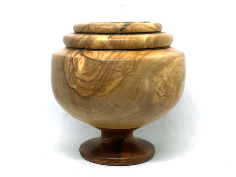LV-5498  Olive Burl & Hawaiian Koa Wood Turned Pedestal Vessel, Footed Vase, Wood Bowl