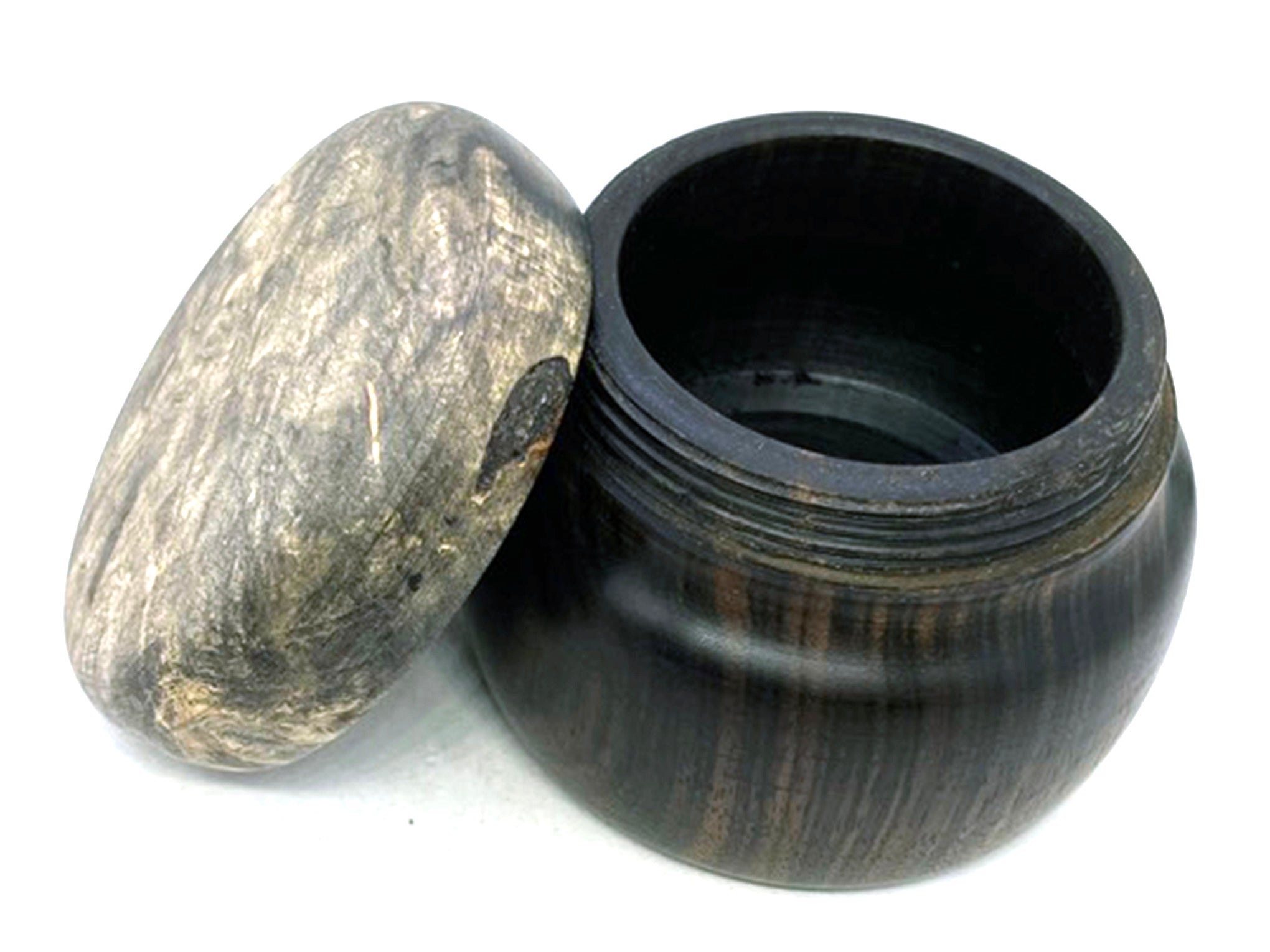 LV-5596  Buckeye Burl & Mun Ebony Threaded Container, Jewelry Box, Lidded Jar