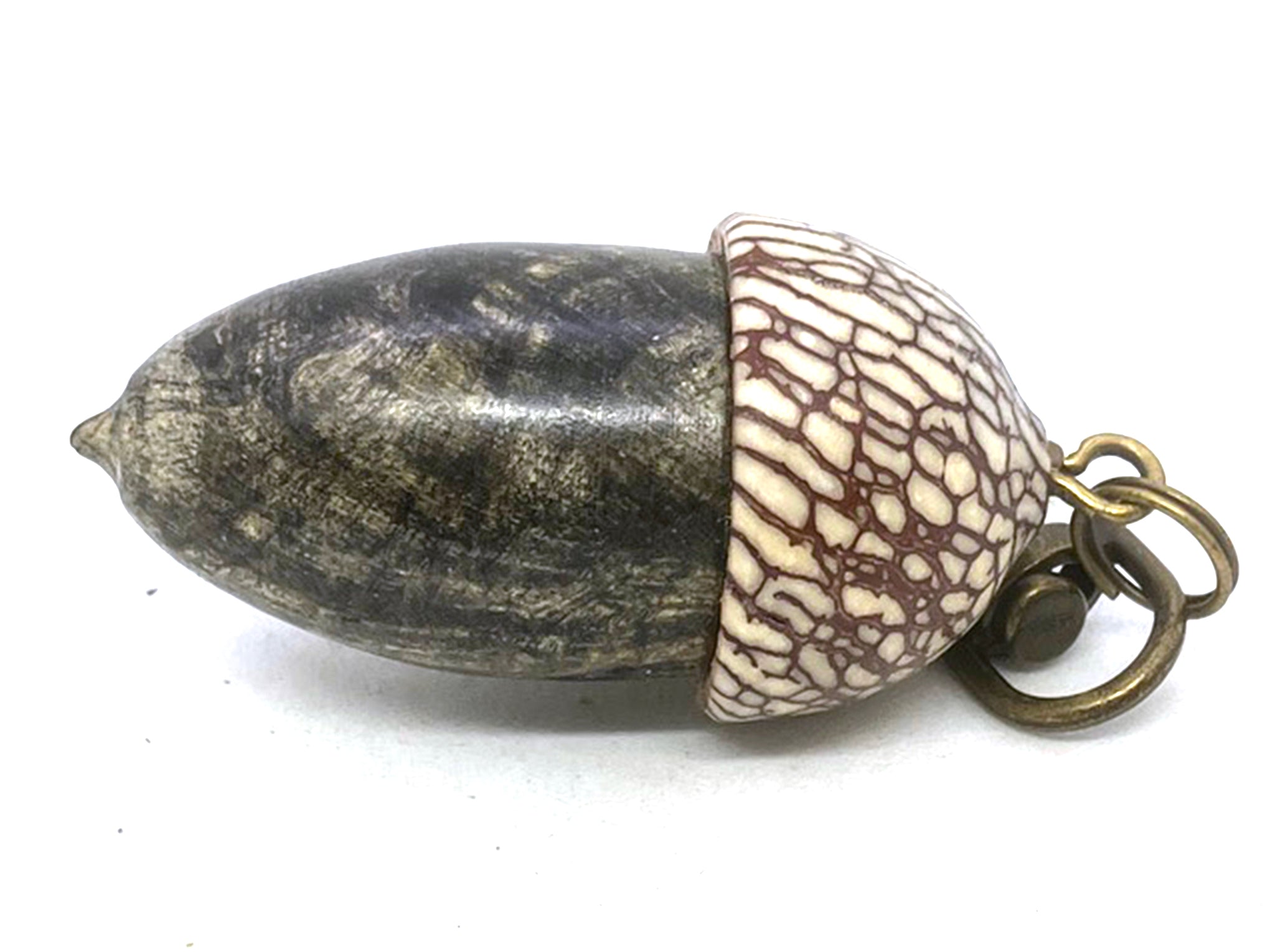 LV-5687  Buckeye Burl & Betelnut Acorn Pill Box, Pendant Box-SCREW CAP