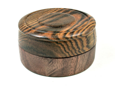 LV-3593  Bocote & Black Walnut Burl  Flat Pill Box, Ring Holder, Jewelry Box-SCREW CAP