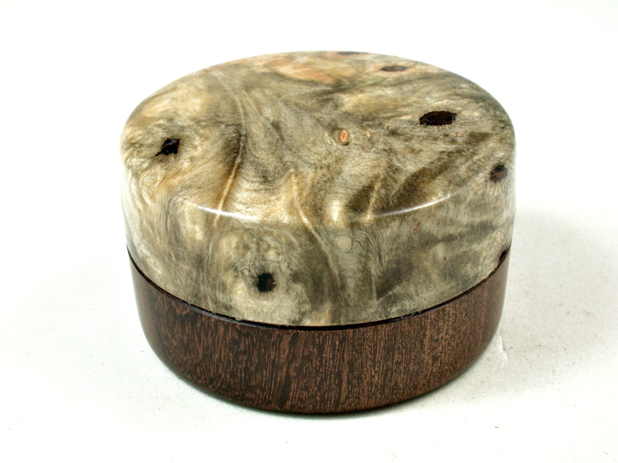 LV-3597  Buckeye Burl & Brown Ebony  Flat Pill Box, Ring Holder, Jewelry Box-SCREW CAP