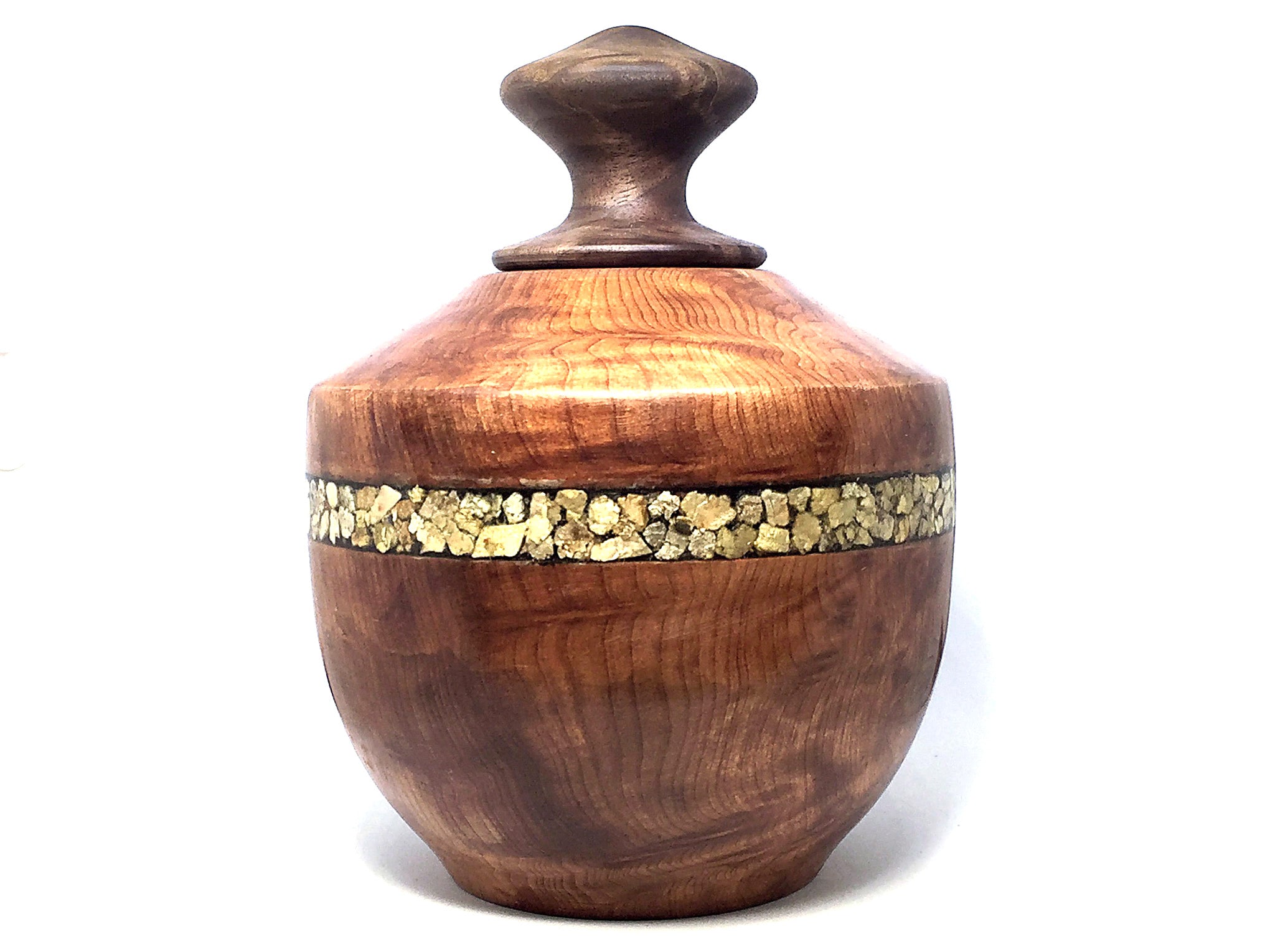 LV-4362  Redwood Burl & Black Walnut Burl Threaded Vessel, Lidded Urn with Vermiculite Inlay