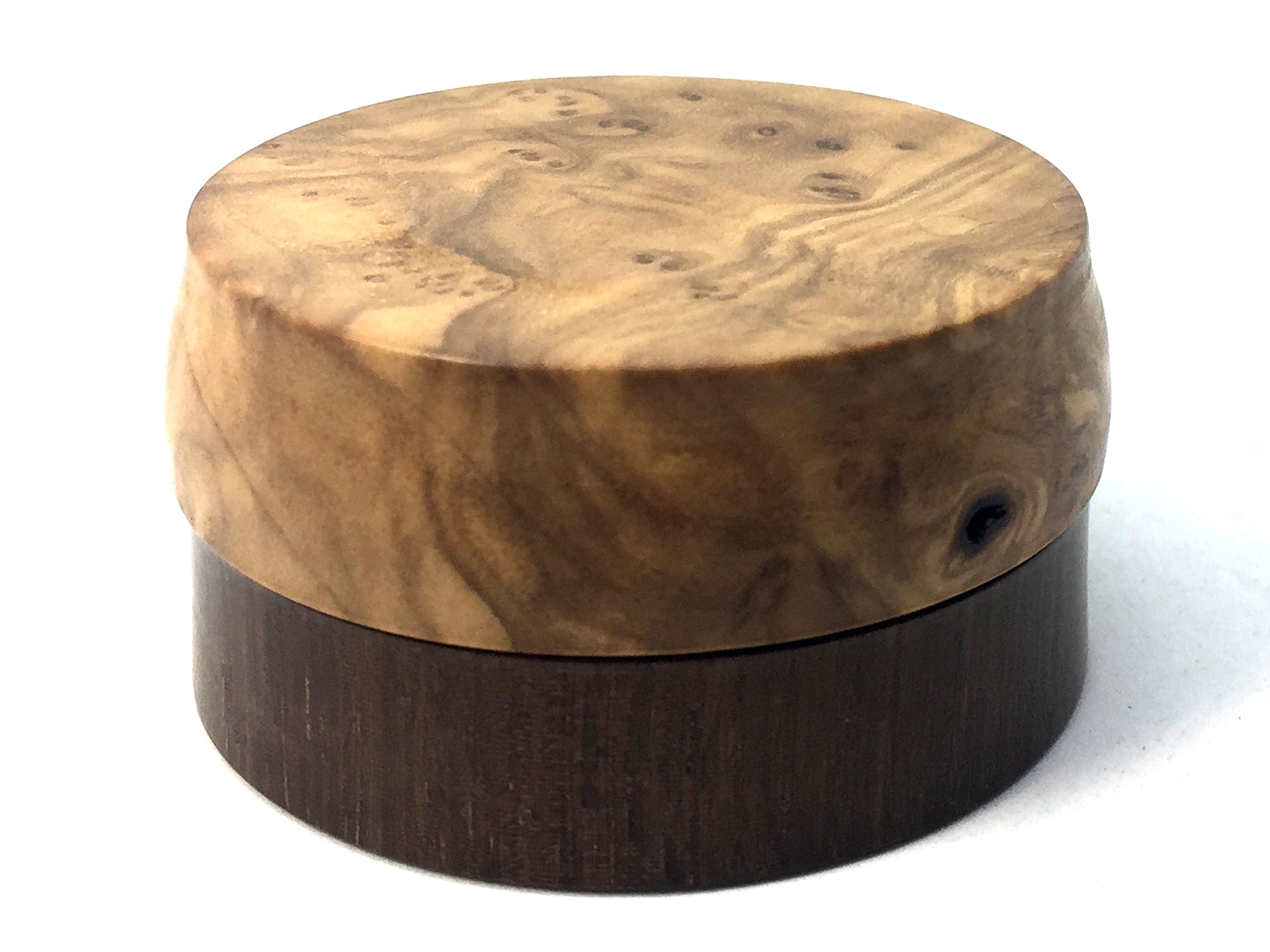 LV-4698 Olive Burl cap with Brown Ebony Flat Box for Ring, Jewelry, Pills-SCREW CAP
