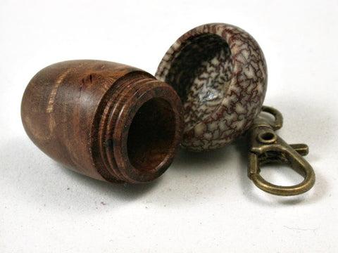 LV-2707  Wych Elm burl & Betelnut Acorn Pendant Box, Charm, Pill Holder-SCREW CAP