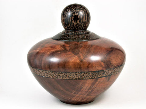 LV-2962  Curly Koa Threaded Vessel, Urn with Black palm Cap and Inlay Accent