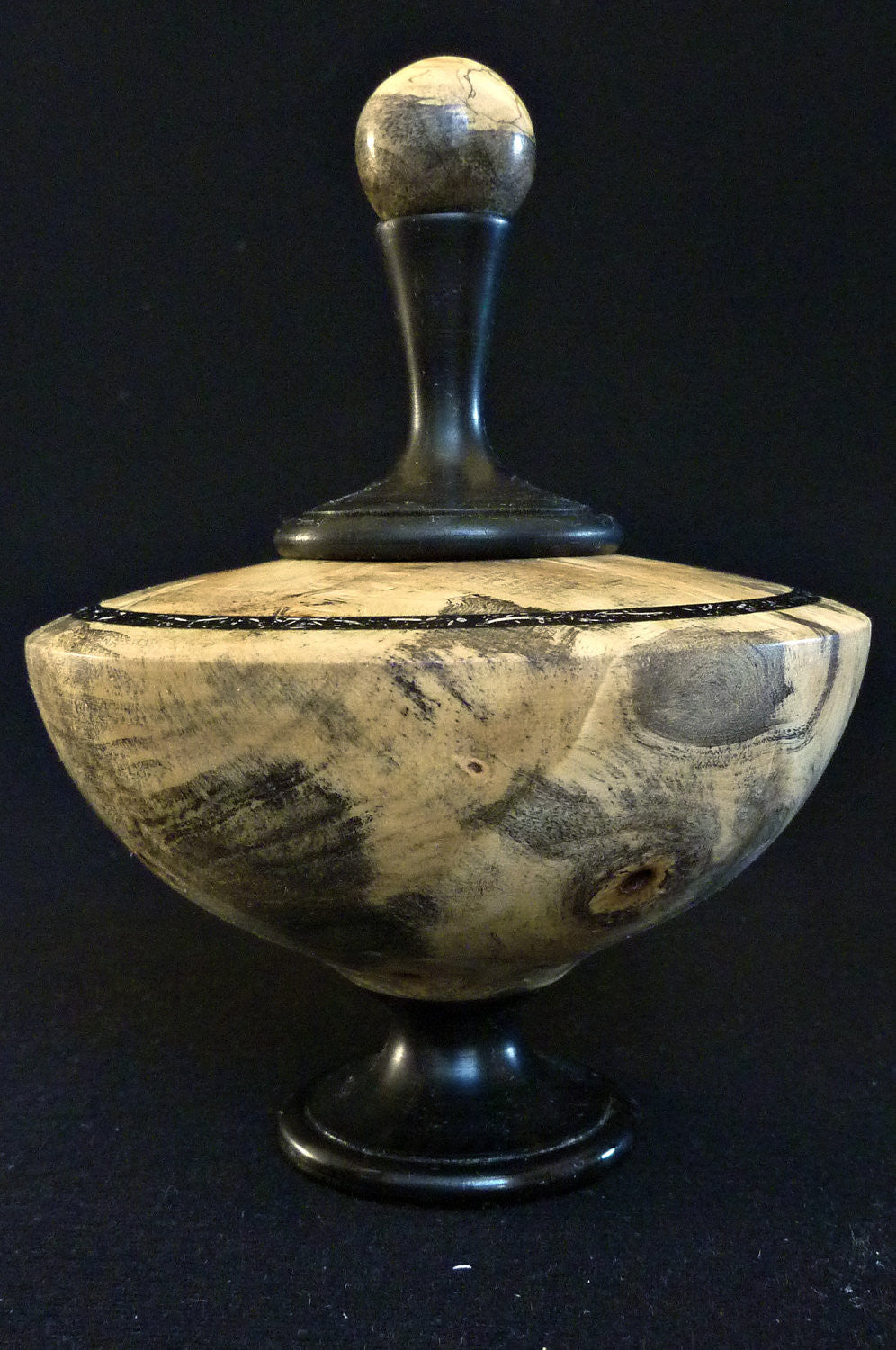LV-324  Buckeye Burl & Indian Ebony Wood Turned Lidded Vase, Hollow Form, Wood Urn--RARE BEAUTY