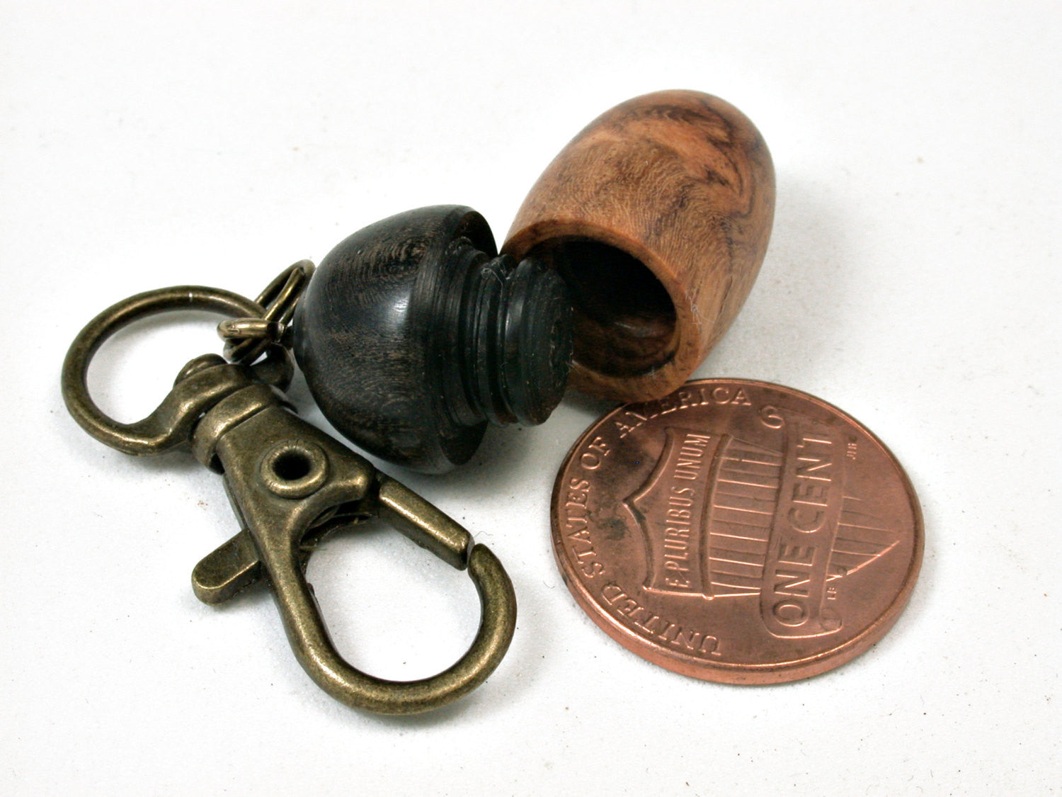 LV-1702  Amboyna Burl & Ebony Acorn Key Fob, Pill Holder, Memorial Pendant-SCREW CAP